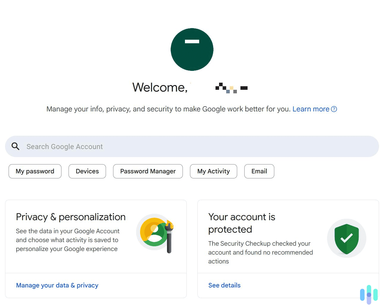 On the main Google account dashboard, select the My Activity option.