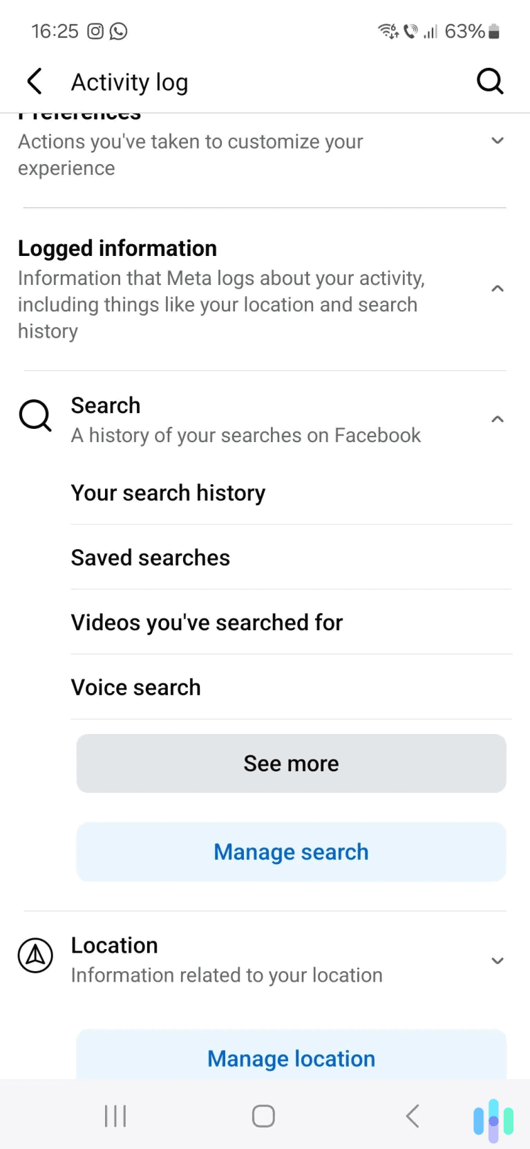 Open the Search dropdown menu, and access your search history.