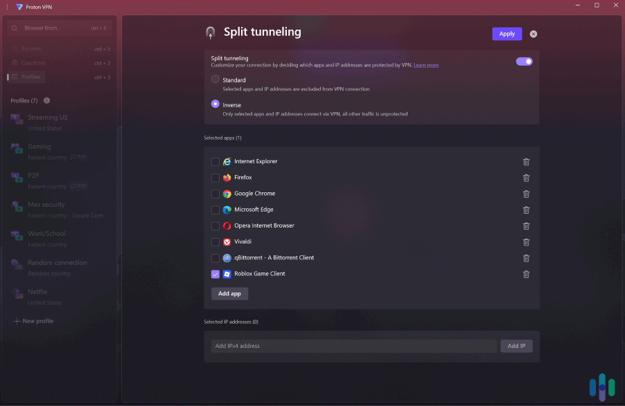Optimize Roblox speeds by only sending game traffic through the VPN.