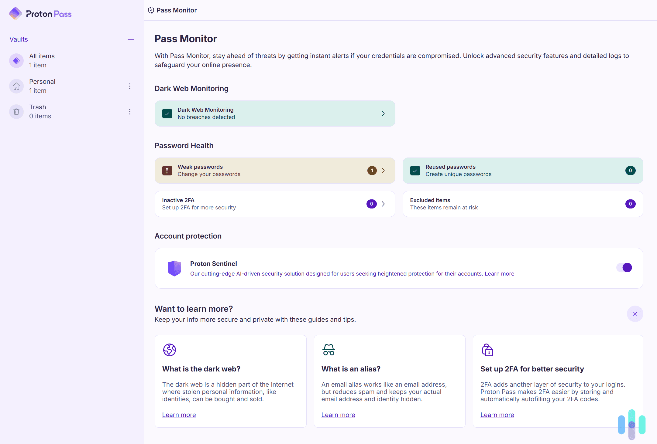 A look at the clean, end user dashboard of Proton Pass