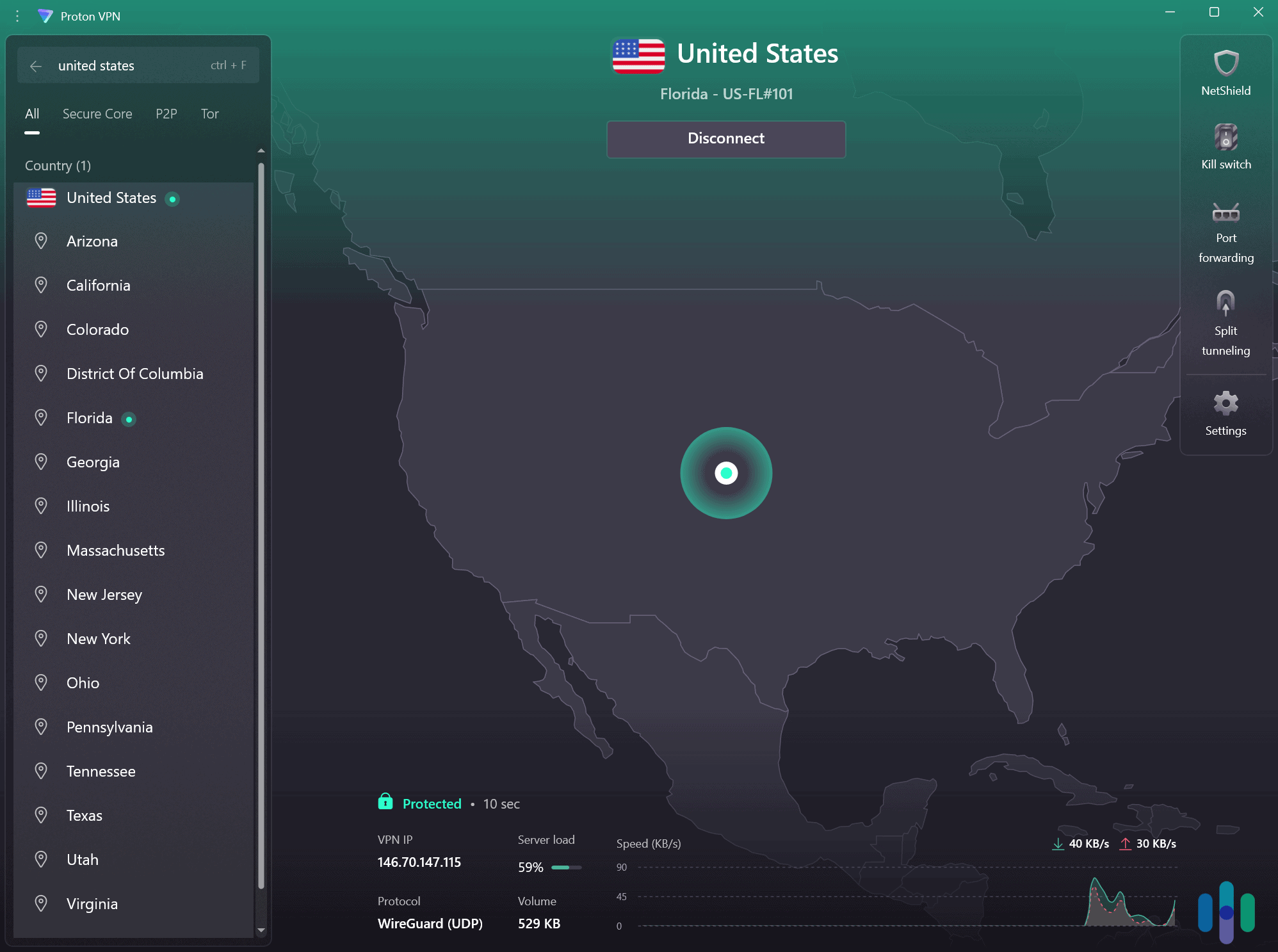 Proton VPN has many US server locations, which makes it easy to get fast streaming speeds.