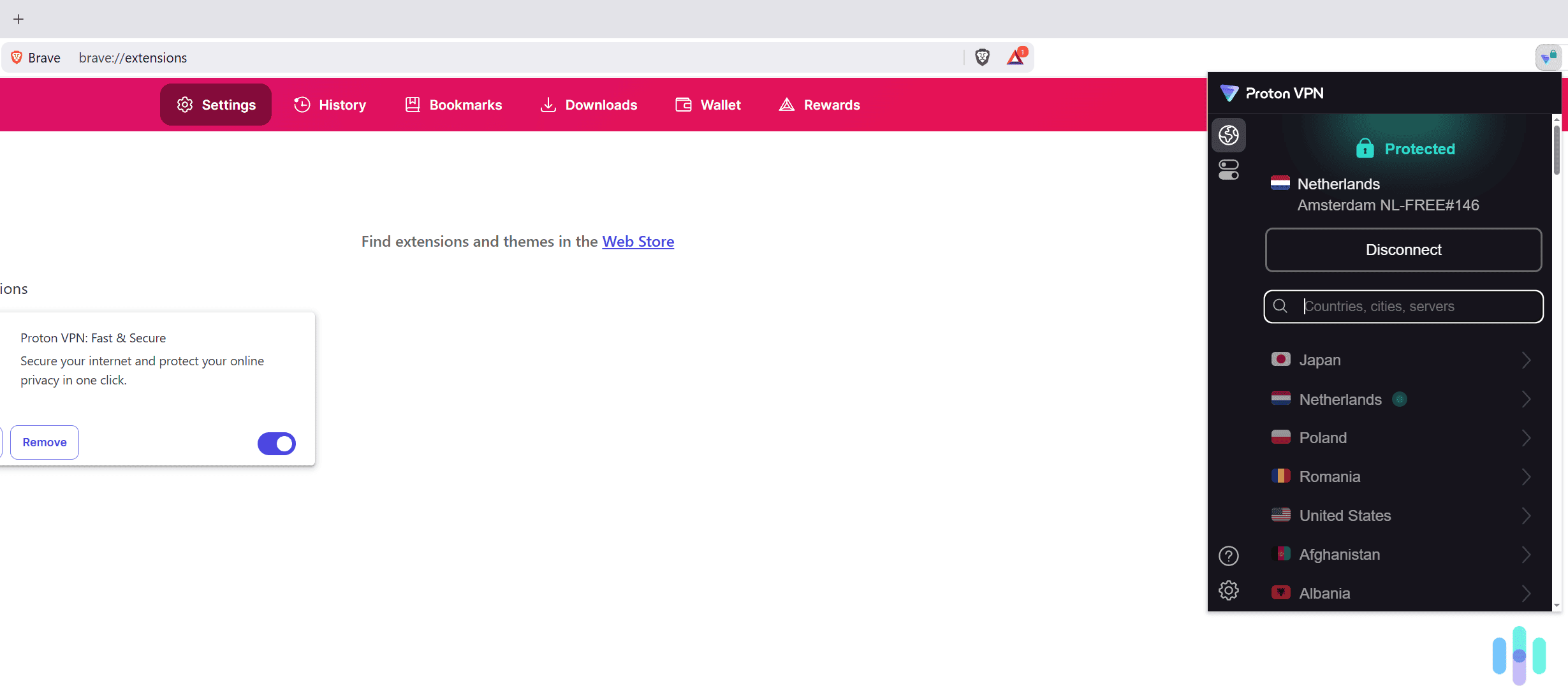 Proton VPN offers free access to a really user-friendly Brave extension.