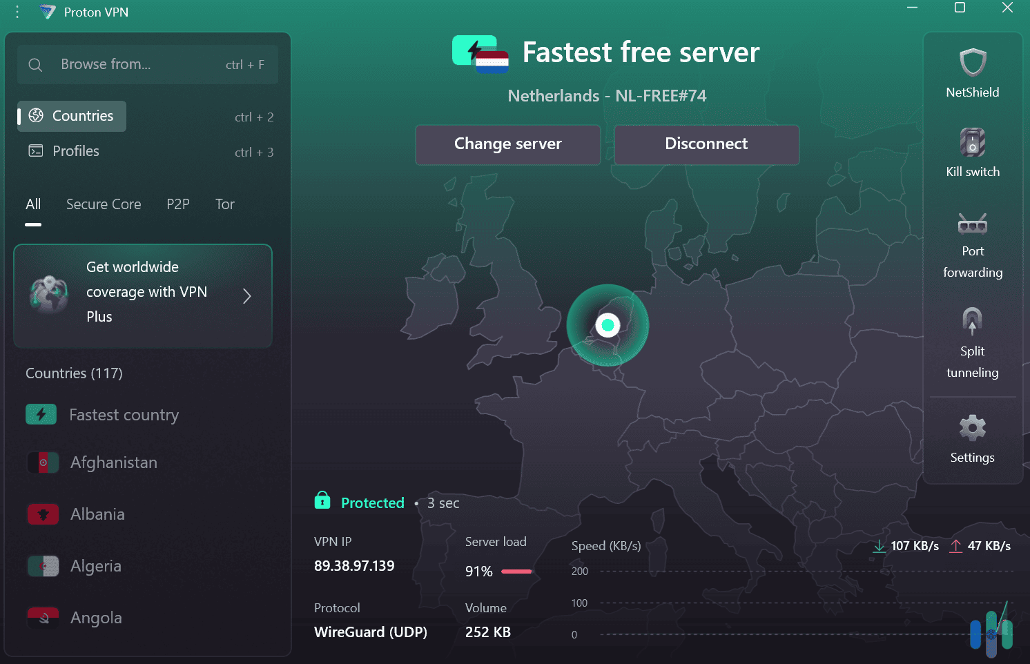 Proton VPN's free plan allows unlimited data, making it ideal for long-term use.