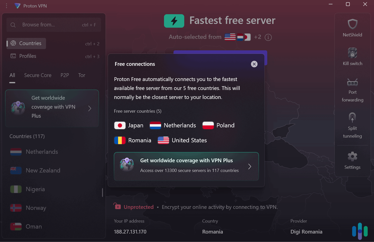 Proton VPN's free version includes access to servers in the Netherlands.