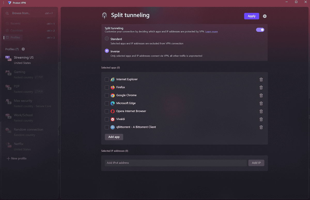 Proton VPN supports fine-tuning VPN speeds via split-tunneling.