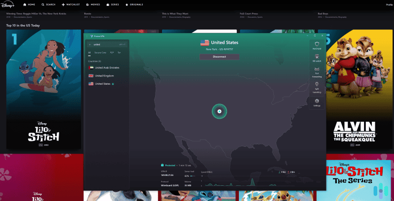 Proton VPN works with many Disney+ libraries, including DIsney+ US.