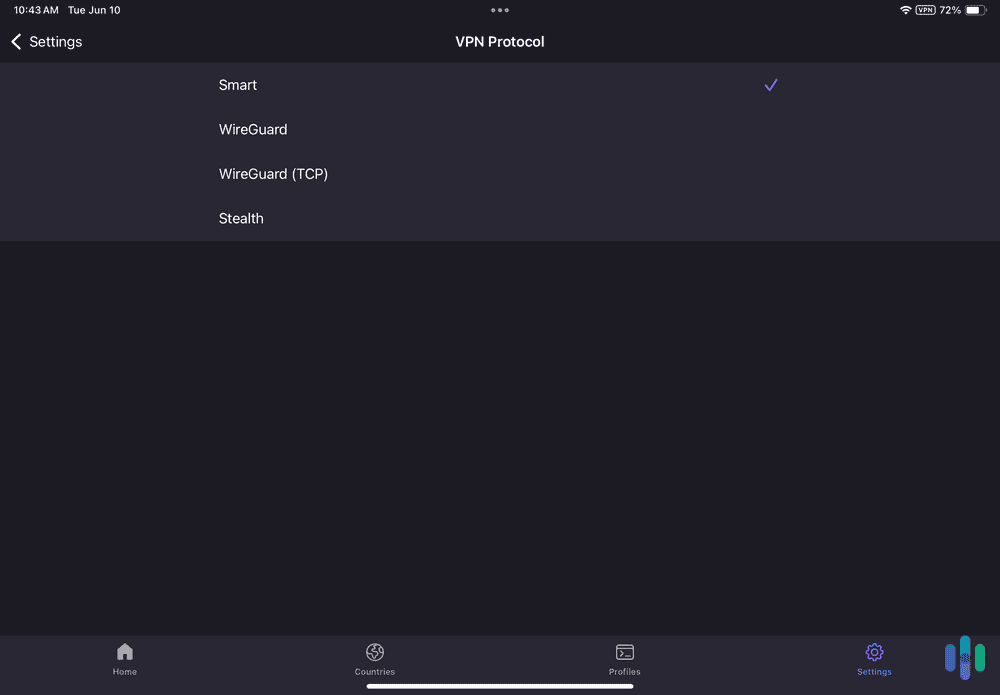Proton VPN's iPad app makes it easy to switch protocols.