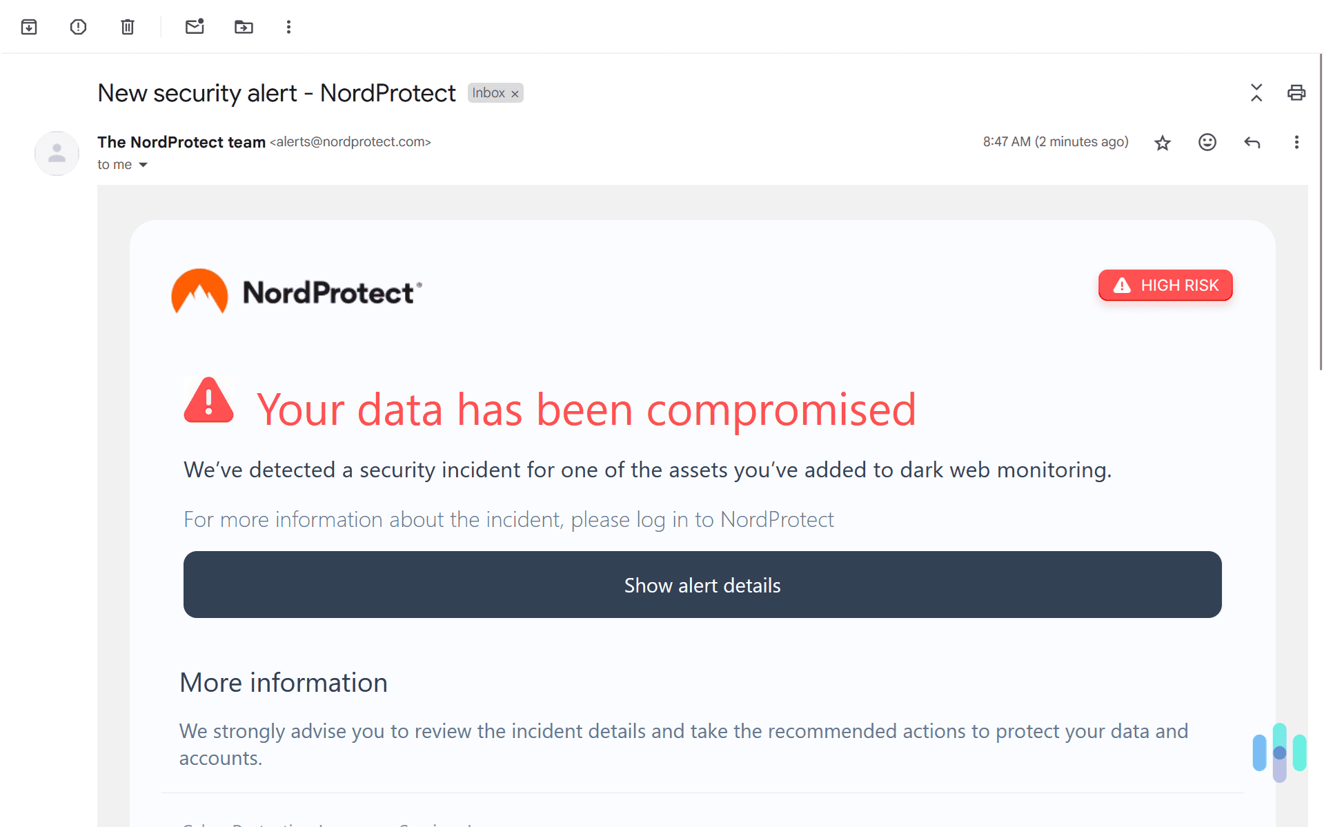 Here’s the email NordProtect sent us when our email address was found in a data breach.