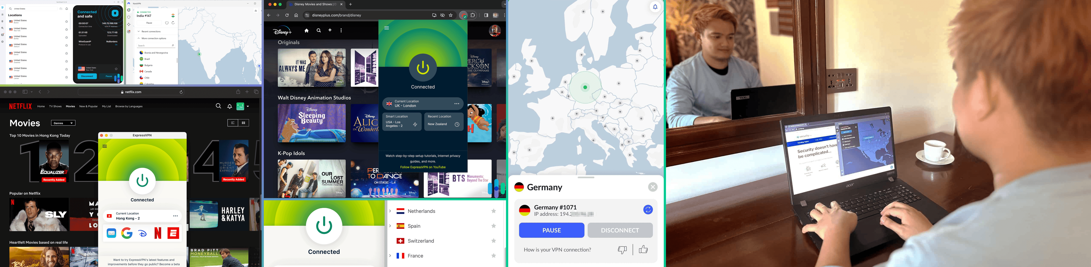 A compilation of images showing our researchers testing different VPN services.