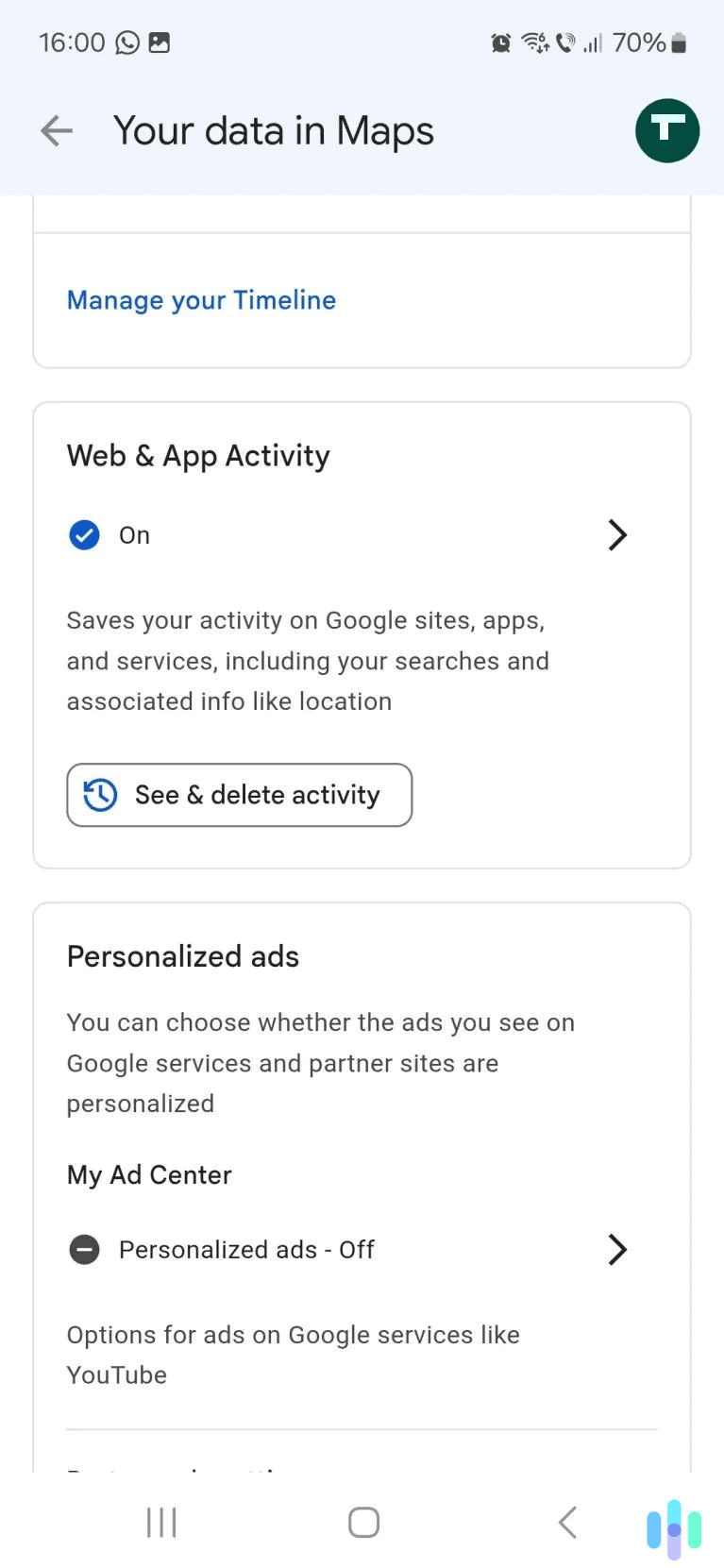Select the option to view and delete your Google Maps activity.