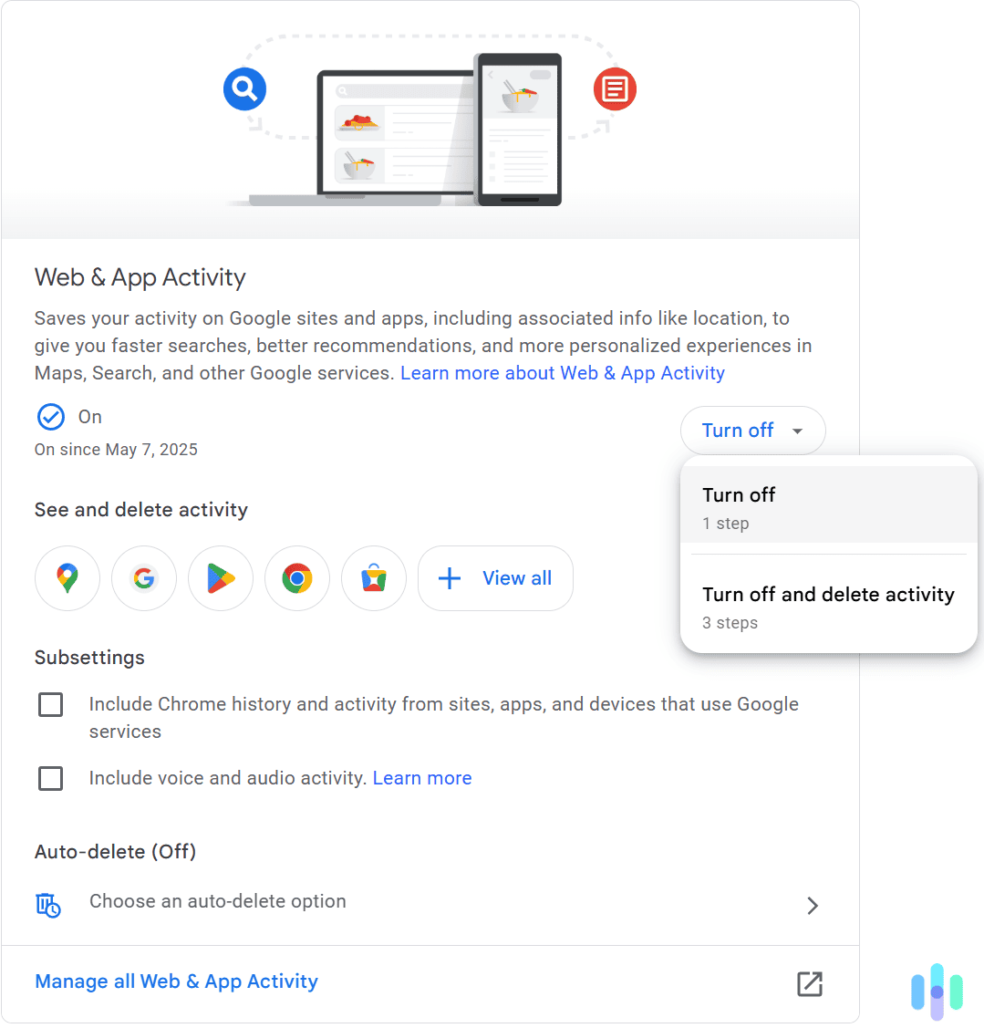 Select your desired option to turn off your Google Maps activity.