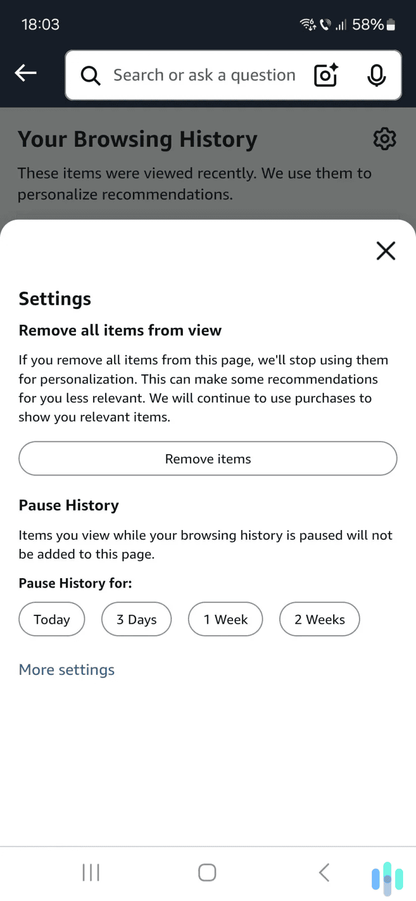 Select your desired time range to pause your Amazon browsing history.