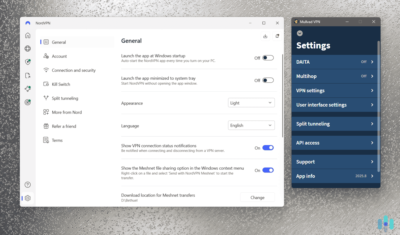 Side-by-side: NordVPN’s well-labeled settings menu vs. Mullvad’s simplistic and more utilitarian style