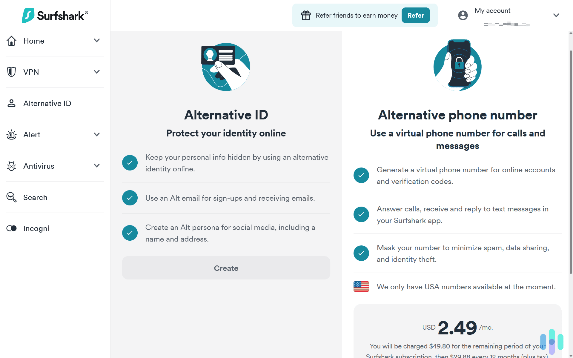 Surfshark made it easy to create an Alt persona and email address with the click of a button.