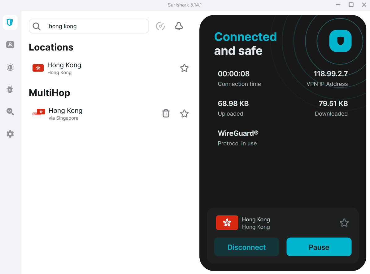 Surfshark provides access to one server location in Hong Kong, but doesn't list how many servers it actually has there.