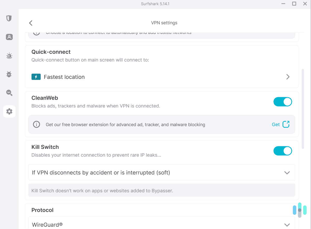 Surfshark provides built-in access to a pretty good ad blocker.