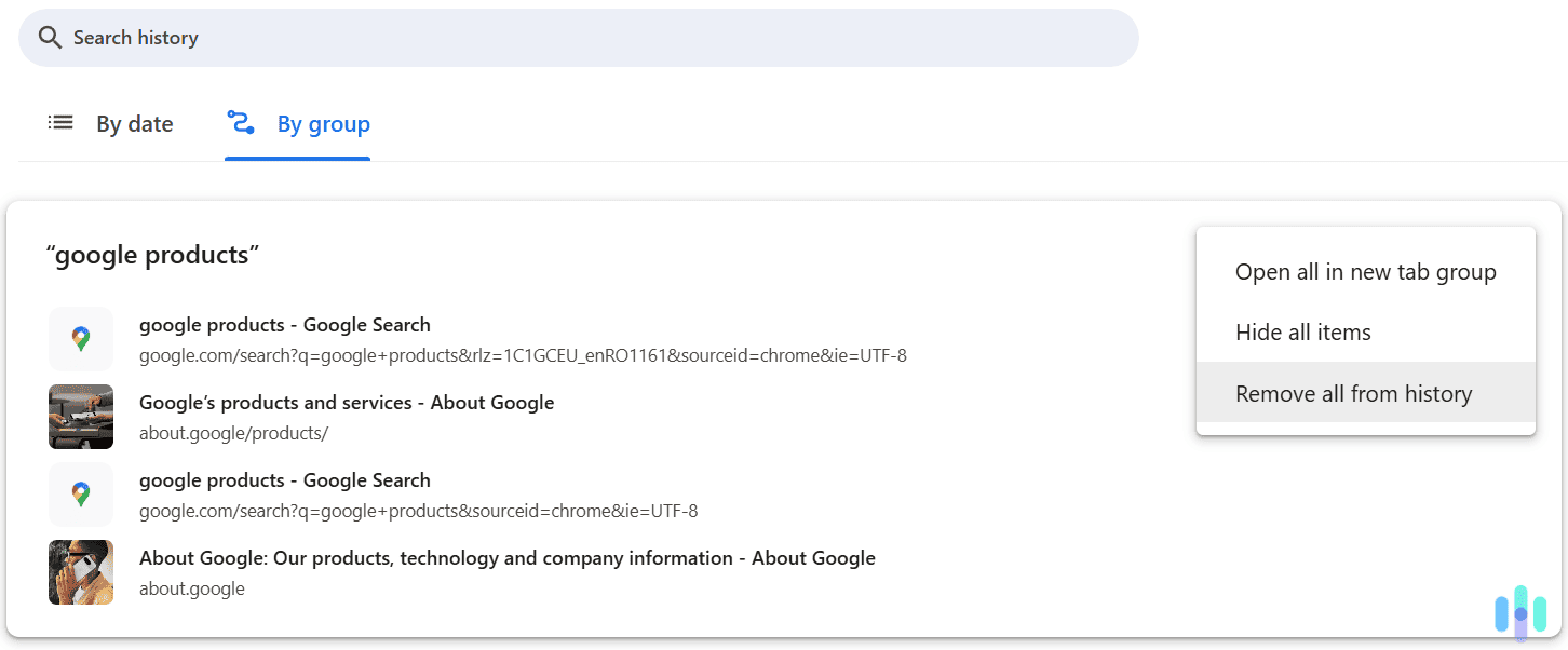 This option will remove all Chrome history entries linked to one specific group.