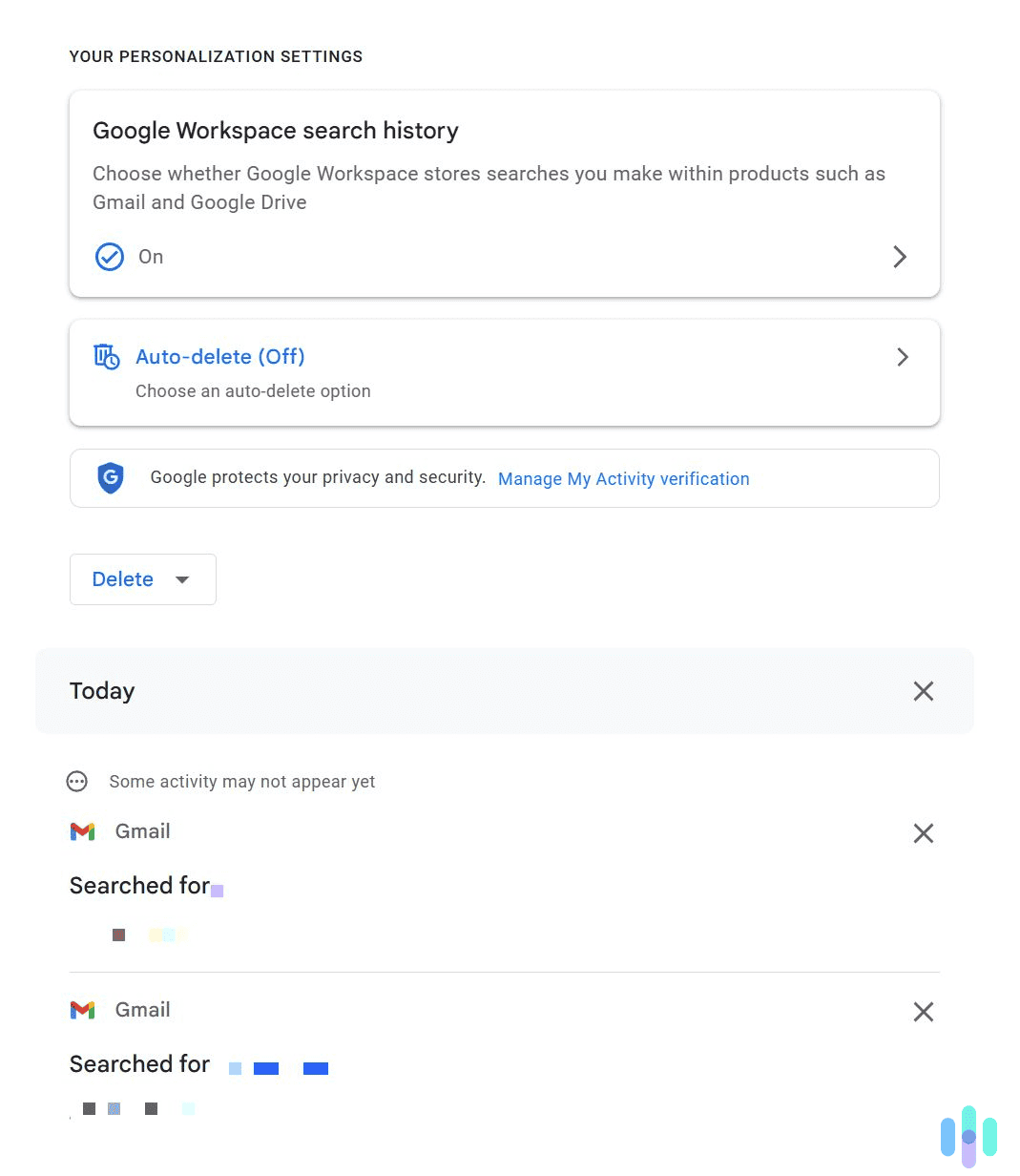 Use the delete button to start removing your Gmail search history.