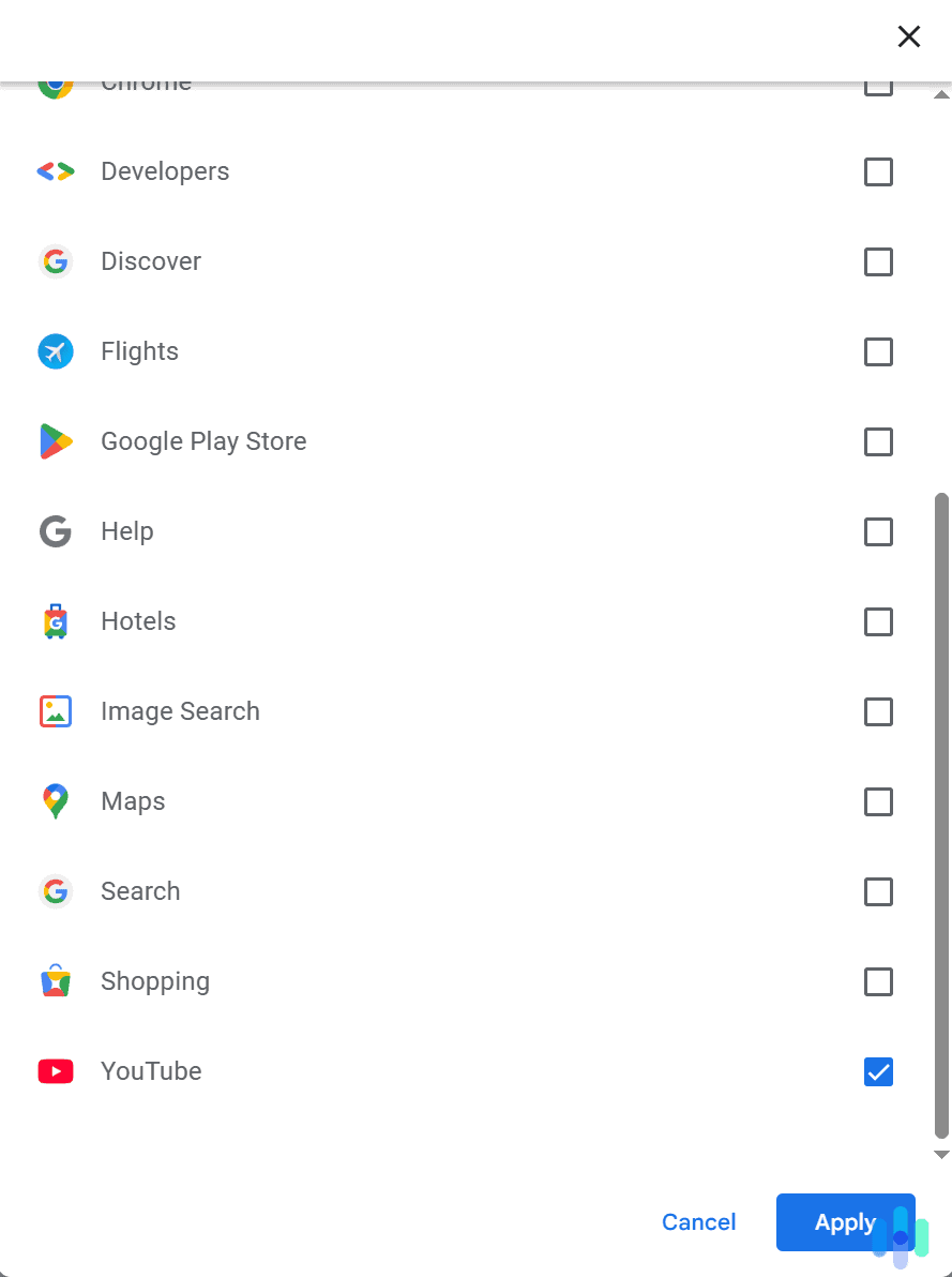 Use the filter menu to only show YouTube activity results.
