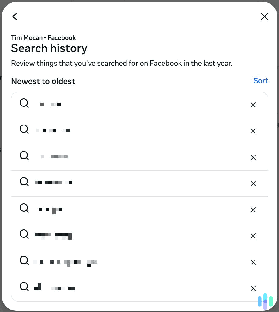 Use the X icon to remove your searches.