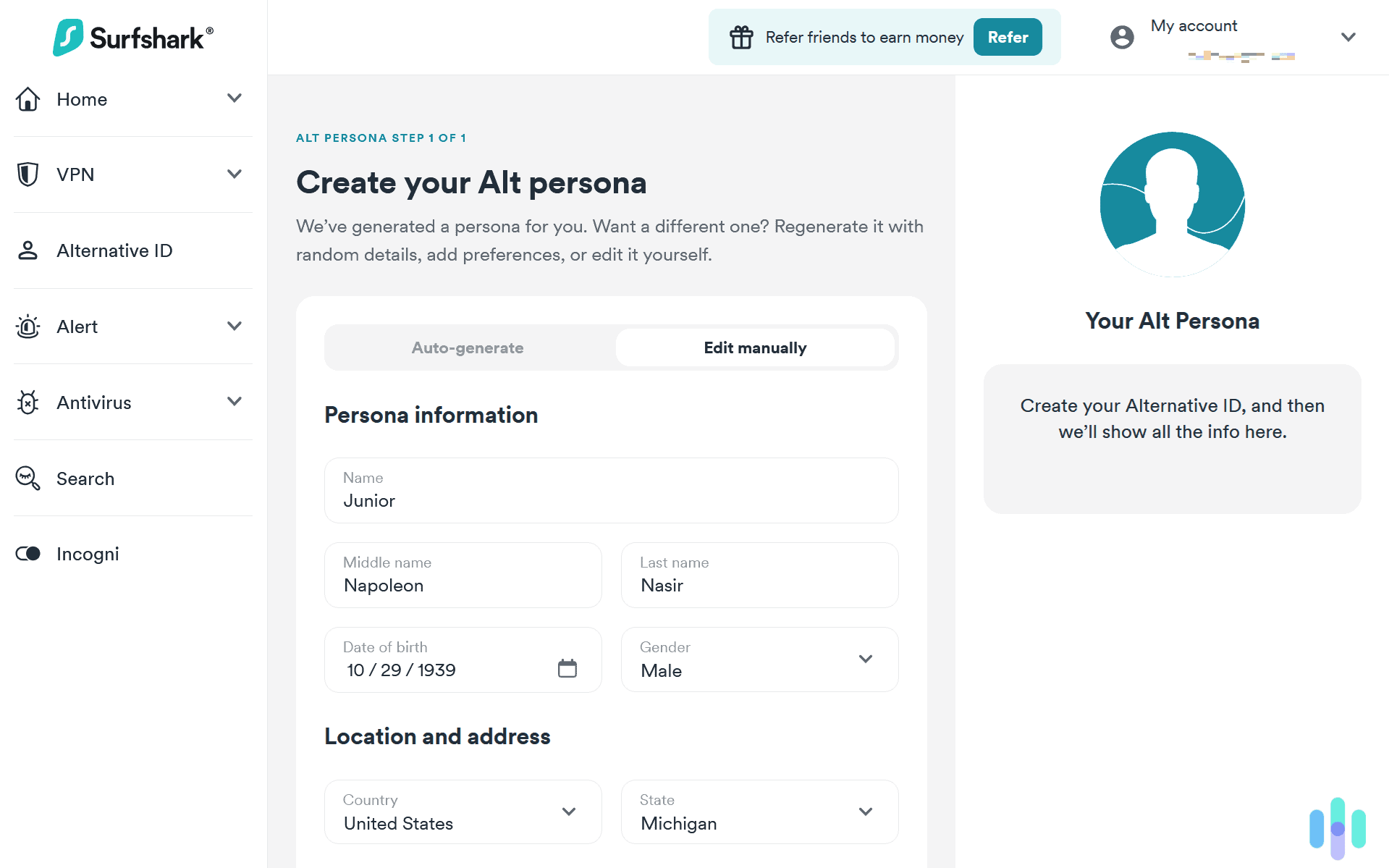 We could choose the country and state of our Surfshark Alternative ID, then match it to our VPN location.