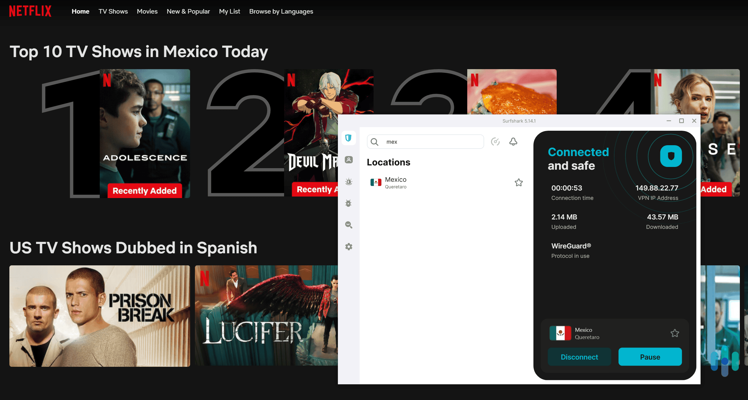We found that Surfshark is compatible with Netflix Mexico, as well as other popular streaming services.