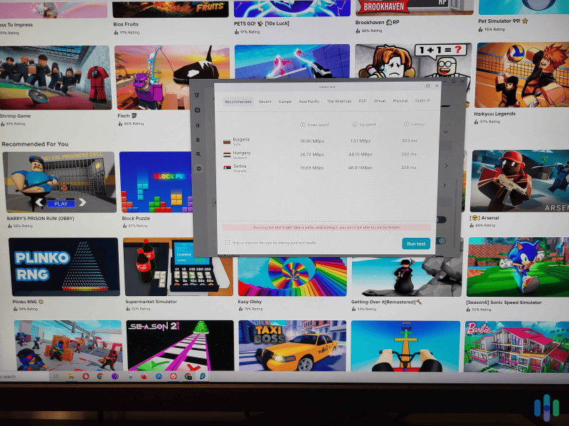 We used Surfshark’s built-in speed test to find out which server would provide us with the fastest speeds for Roblox. 