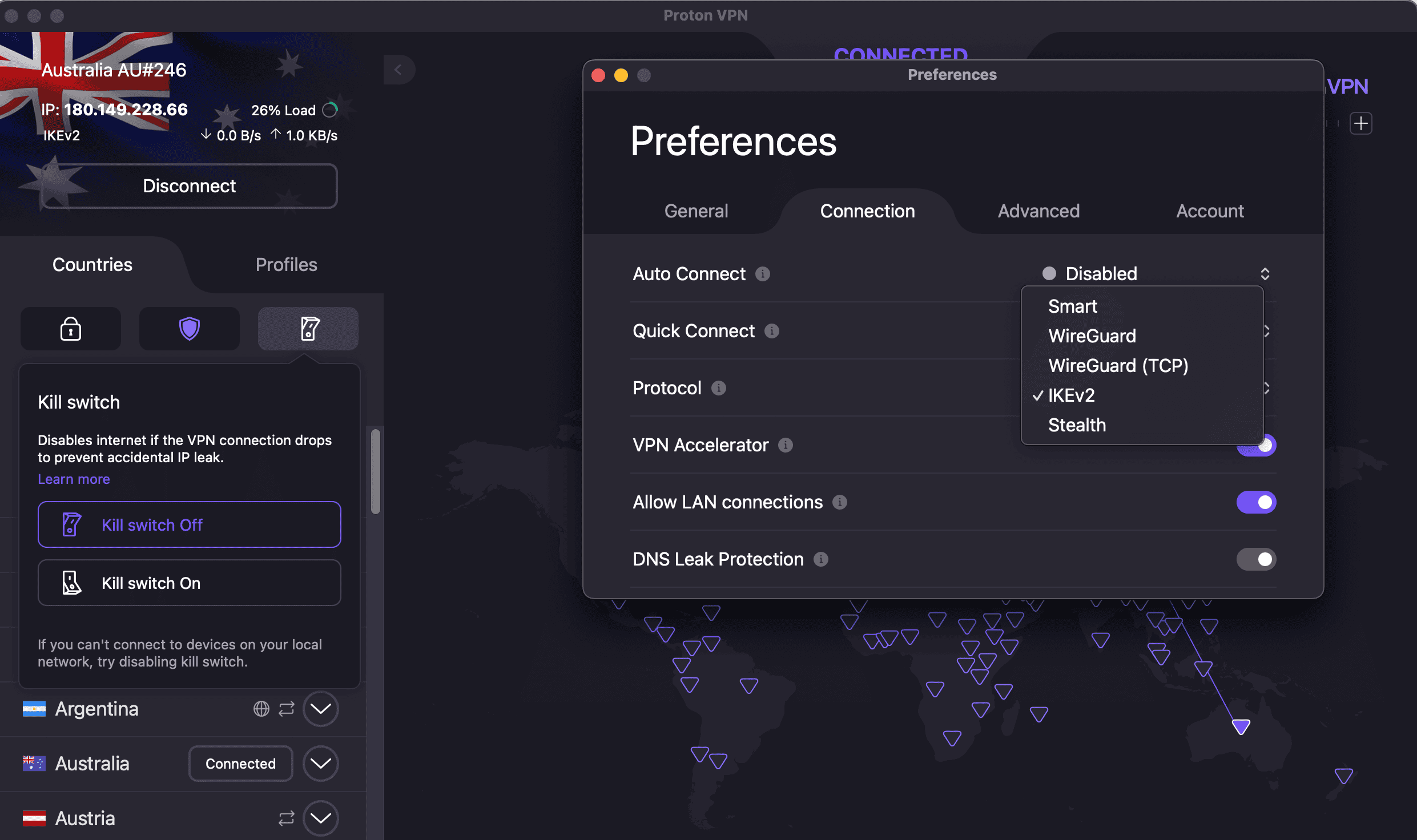 We used the IKEv2 protocol, but Proton VPN has other options available.