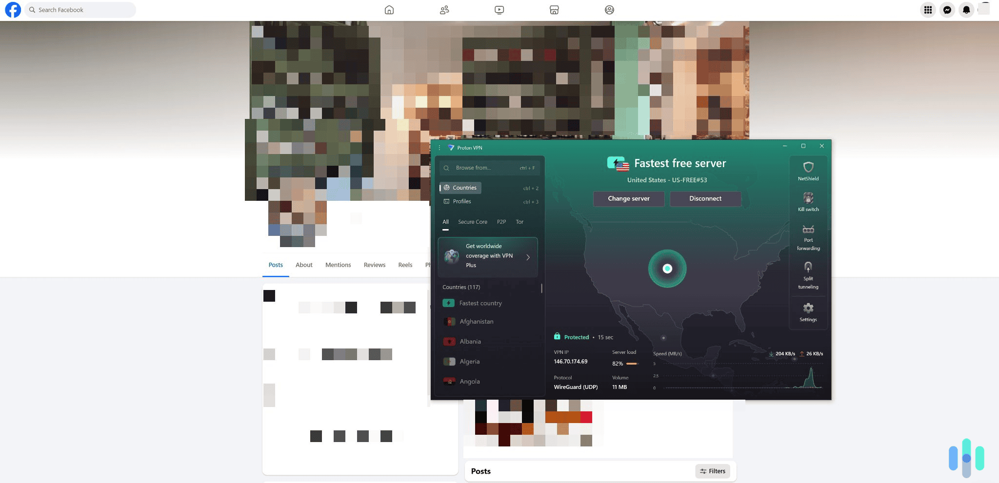 We were always able to access Facebook while connected to Proton VPN.