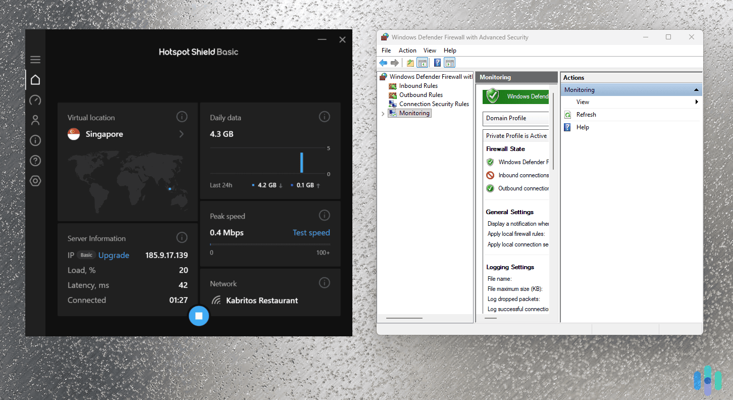 Windows Defender Firewall running side-by-side with Hotspot Shield